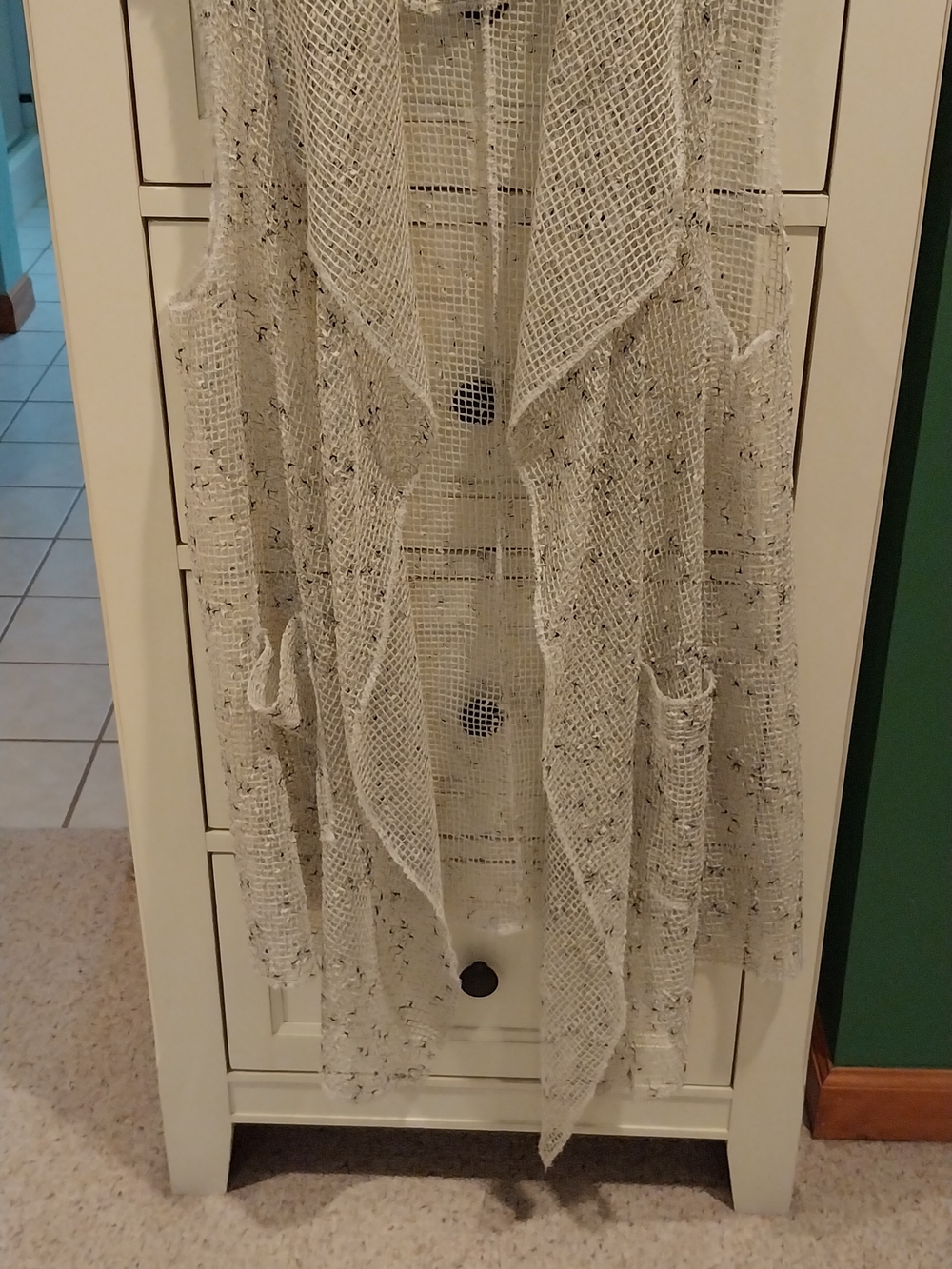 Moda Open-Weave Crochet Duster Cardigan in Cream with Black Flecks
